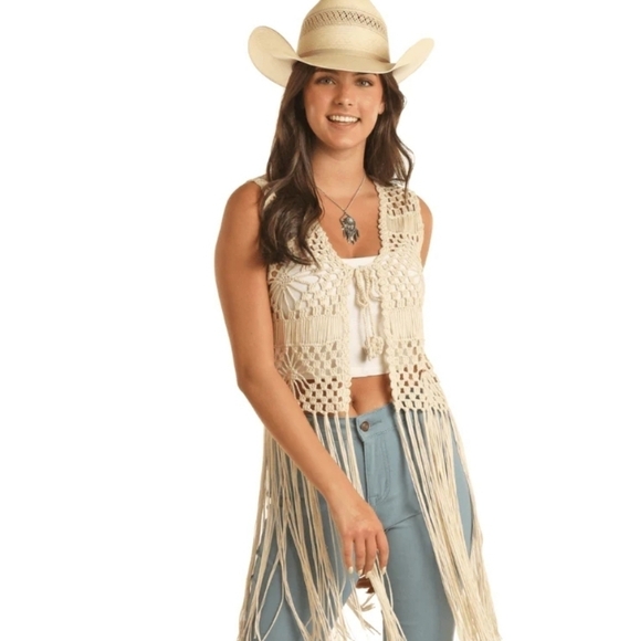 Ruby Rd. Bohemian Beige Crochet Macrame Cowgirl Western Fringe Vest - Picture 1 of 9